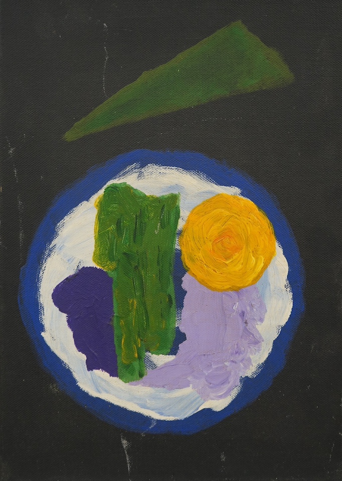 John Hayland ?, abstract oil on canvas, ‘Encircling trinity’, indistinctly signed and dated 2.6.82 verso, 35 x 25cm. Condition - fair, some scuffs